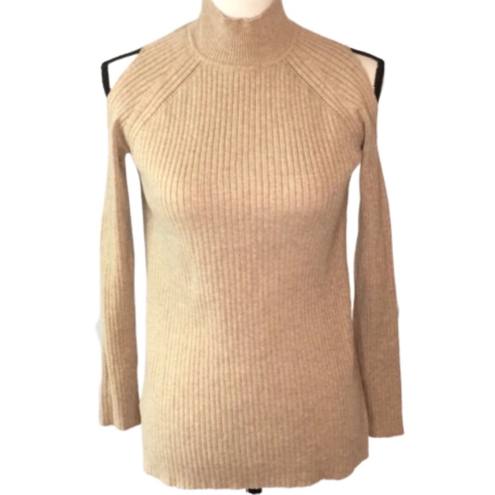 Chico’s Camel Ribbed Knit Cold Shoulder Mock Turtleneck XS